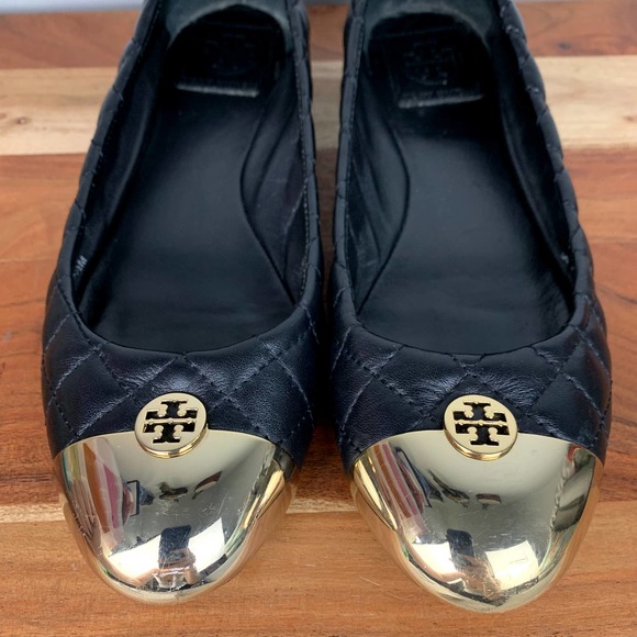 Tory Burch Kaitlin Flats Black Quilted Leather Gold Logo Ballet Shoes size 8.5 - Picture 10 of 12